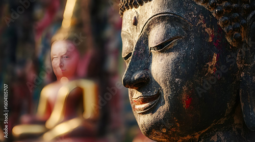 beautiful face of Buddha image, Closeup face of gold Buddha statue