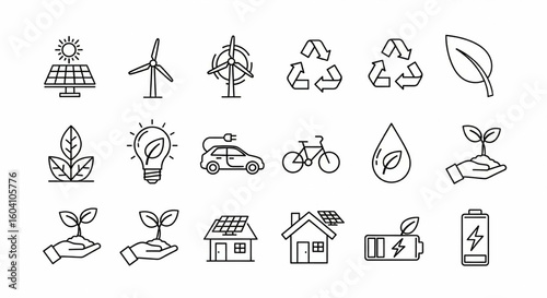 Sustainability & Eco-Friendly Line Icon Set – Renewable Energy, Recycling, Solar Panel, Wind Turbine, Organic Farming Vector

