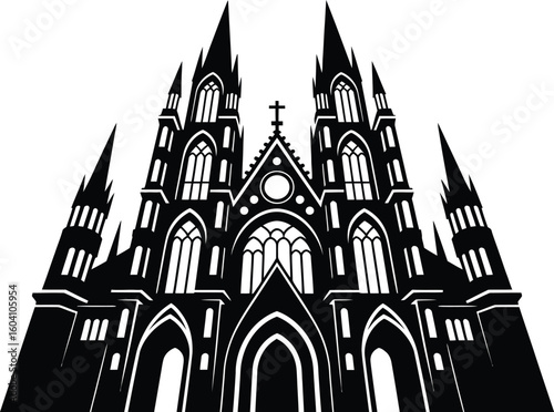 Black and White Gothic Cathedral Silhouette with Cross