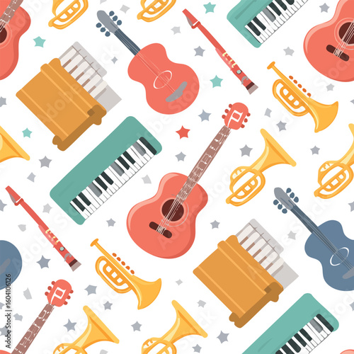 Seamless pattern with colorful cartoon musical instruments. Vector illustration background with guitar, piano, trumpet, and flute.