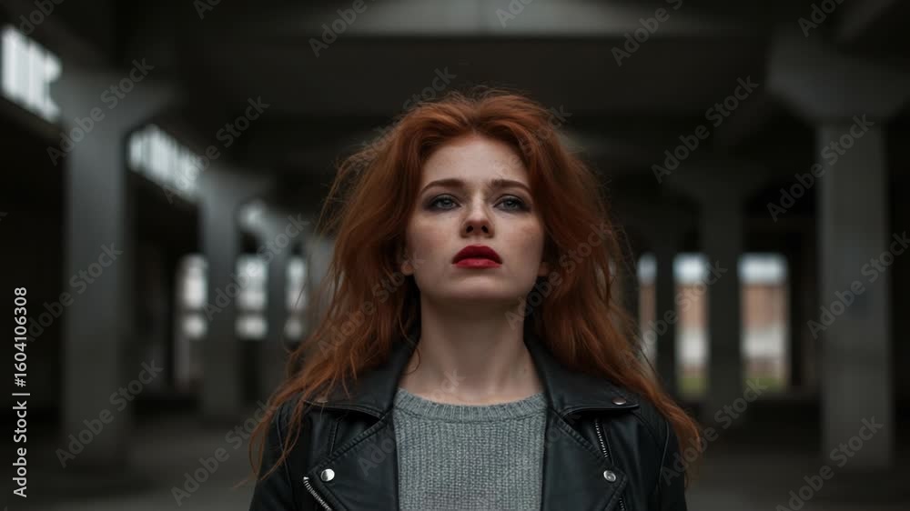 A striking redhead woman with bold makeup and a leather jacket stands confidently in an urban setting A striking redhead woman with bold makeup and a leather jacket stands confidently in an urban setting