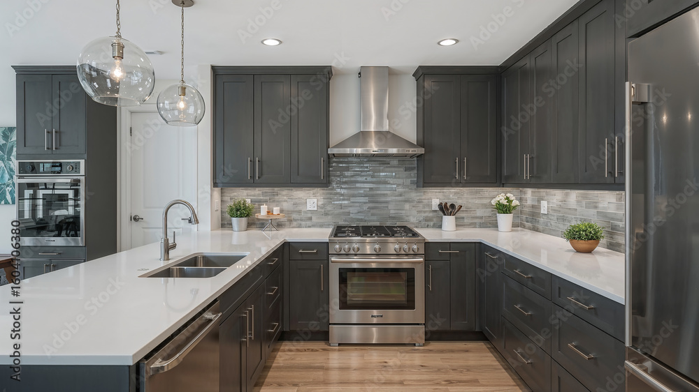 custom made wallpaper toronto digitalModern gray kitchen boasting stainless steel appliances and glass pendant lights