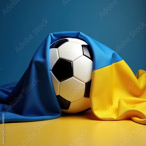 Football wrapped in ukrainian flag, patriotic sports concept on blue and yellow background