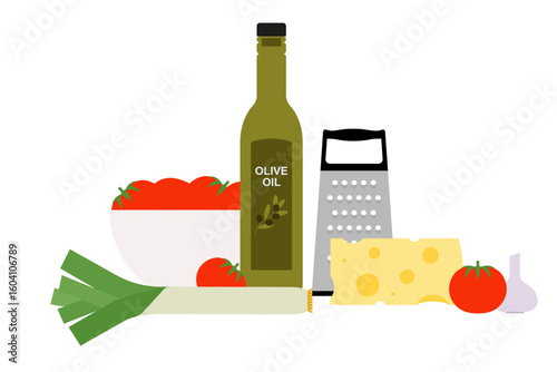 Cooking ingredients with olive oil bottle, bowl of tomatoes, cheese, garlic, leek and metal grater. Home kitchen setup for food preparation. Simple illustration, stock flat vector, isolated.