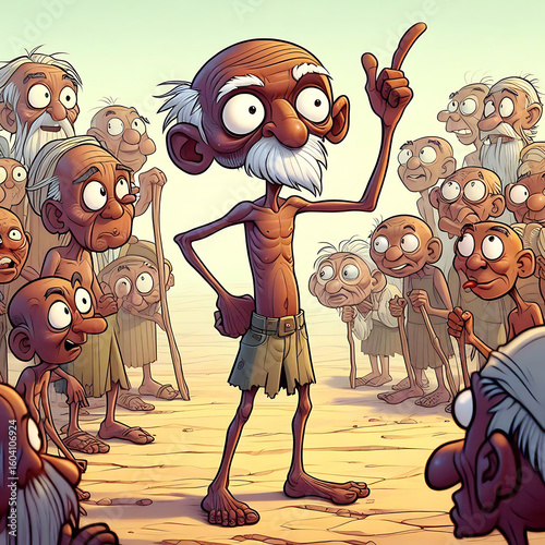 Animated elderly man with white beard and shorts addressing a crowd of diverse cartoon characters in a desert setting