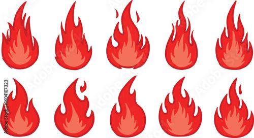Crayon drawn red fire flames icons collection,