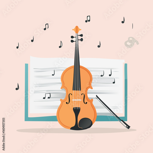 Vibrant vector illustration of a classic violin with its bow and sheet music, surrounded by playful musical notes, ideal for digital art and creative compositions.