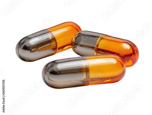 Three translucent orange and dark gray capsules