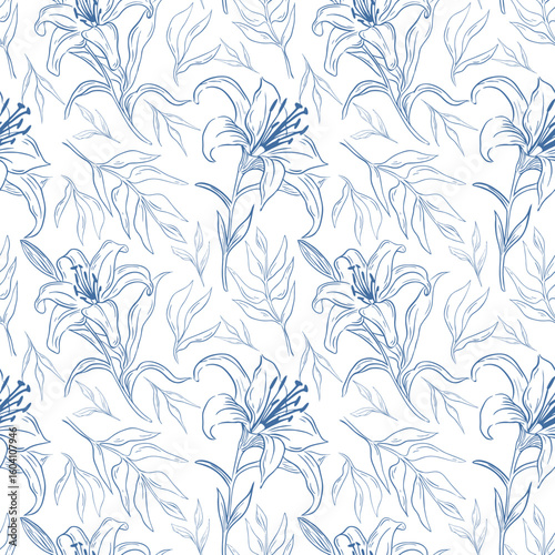 Floral pattern with lilies in line style. Vector illustration