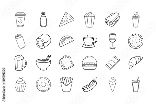 Food & Drink Line Art Collection  Pizza, Burger, Ice Cream, Soda, Coffee & Fast Food Icons