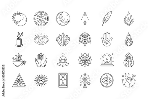 Mystical Spiritual Line Art Bundle – Moon, Eye, Hamsa, Chakra, and Meditation Icons