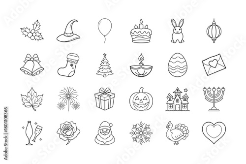 Holiday & Festive Celebration Icons  Christmas, Halloween, Easter, Birthday Outlines