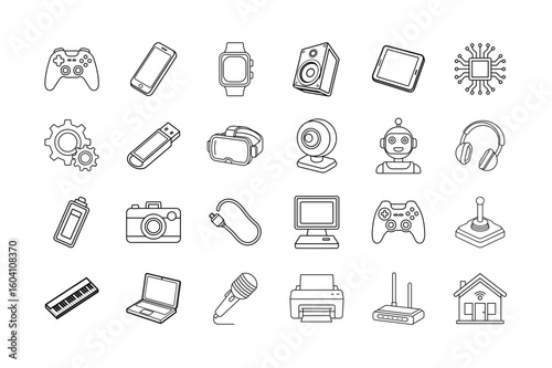Technology and Gadget Line Icons – Devices, Game Console, Camera, and VR Outline Set