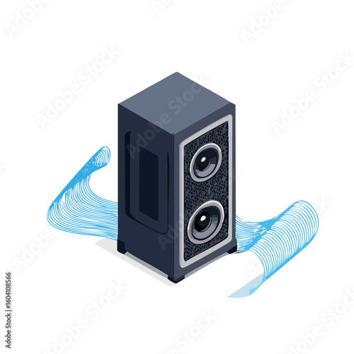 Isometric vector illustration of a professional audio speaker system with sound waves. A modern loudspeaker graphic isolated on a white background.