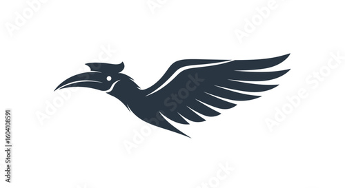 Elegant flying hornbill emblem. A sleek, modern silhouette icon of an exotic avian creature, symbolizing speed and freedom.