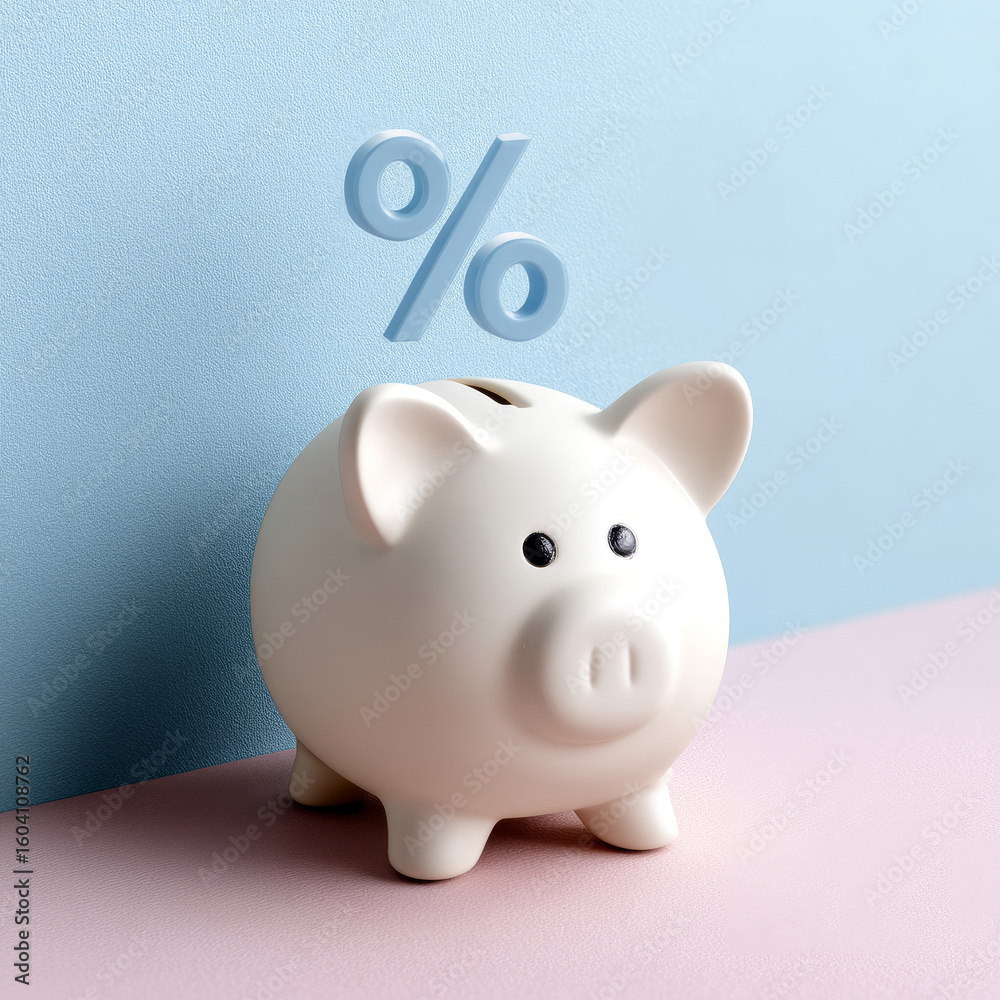 Obraz premium Piggy bank with percent symbol on pastel background.