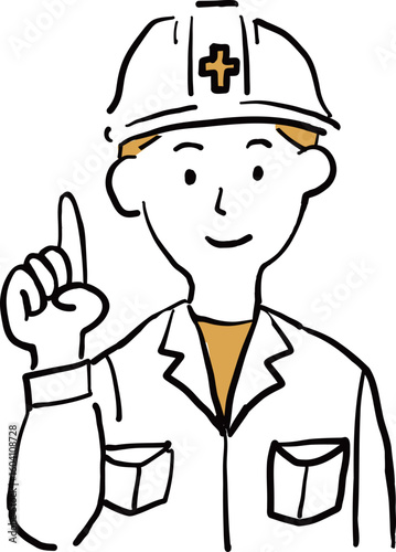 Construction worker reminding about safety with raised finger