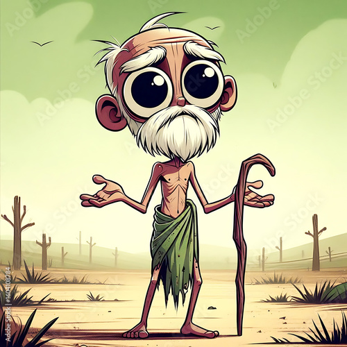Sad old man with big eyes and white beard holding a cane in a desert with cacti and dusty sky