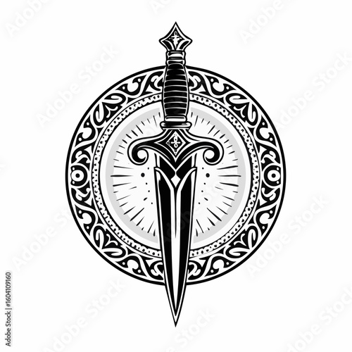 Dagger logo with ornaments engraving and linocut style illustration