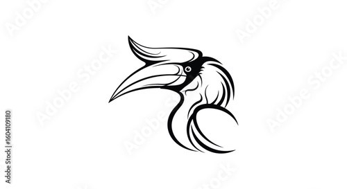 Elegant hornbill bird head logo concept. Stylized black and white line art of an exotic avian wildlife.