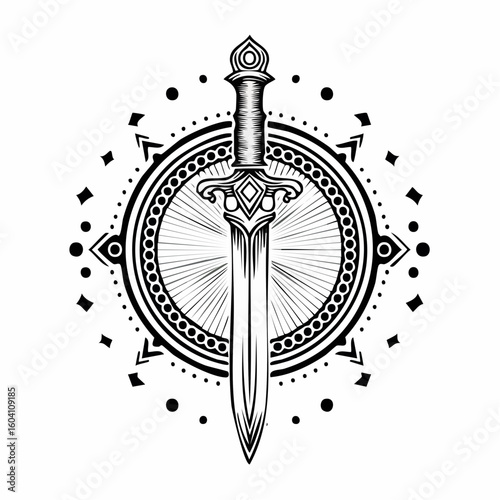Dagger logo with ornaments engraving and linocut style illustration