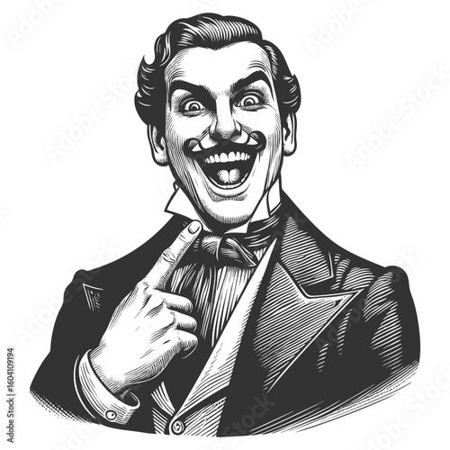 joyful Victorian-era man in formal attire, enthusiastically pointing at himself with a wide grin sketch engraving fictional character vector illustration. Scratch board. Black and white.