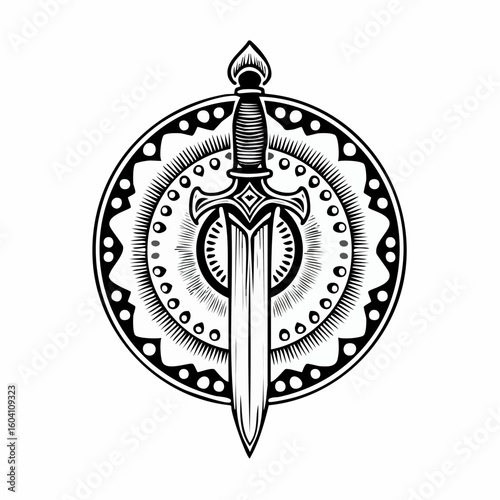 Dagger logo with ornaments engraving and linocut style illustration