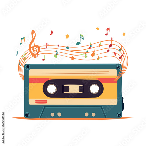 A vintage cassette tape with musical notes emanating from it, representing sound.