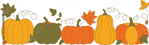 Illustration of Orange Pumpkins with Leaves and Vines on White Background