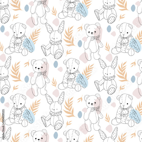 Childrens pattern with drawings of soft toys. Vector illustration