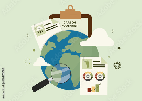 Carbon footprint assessment with clipboard, Earth globe, magnifying glass and analytical charts representing environmental impact evaluation and sustainability reporting.Flat style.Vector illustration