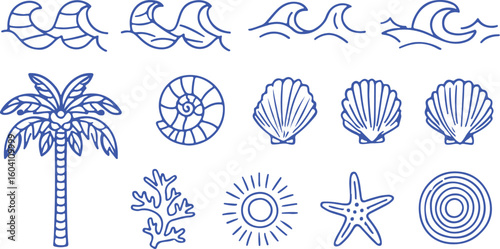Ocean waves palm tree seashell ammonite coral sun starfish abstract circles vector