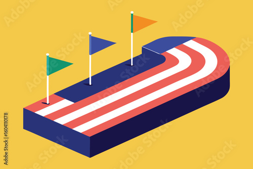 Isometric American Flag Race Track with Flags: Vector Illustration