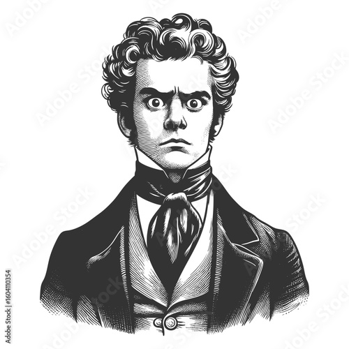 surprised Victorian gentleman with wide eyes and formal attire, expressing shock or disbelief sketch engraving fictional character vector illustration. Scratch board. Black and white.