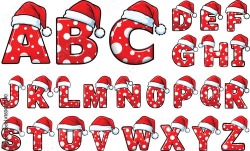 Christmas Alphabet Letters with Santa Hats A to Z– Festive Red Polka Dot Font for Holiday Designs and Winter Crafts