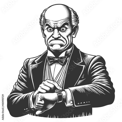 Victorian man in formal attire looking at a wristwatch with impatience and disapproval sketch engraving fictional character vector illustration. Scratch board. Black and white image.