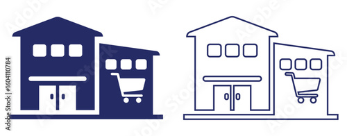 flat and outline icon of shopping store building with cart symbol, suitable for ecommerce and retail design