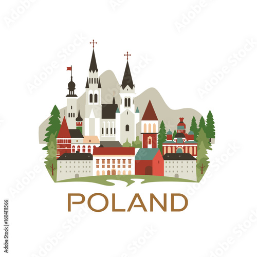 Flat vector of Poland with tall gothic churches, colorful houses, pine trees, and mountainous background