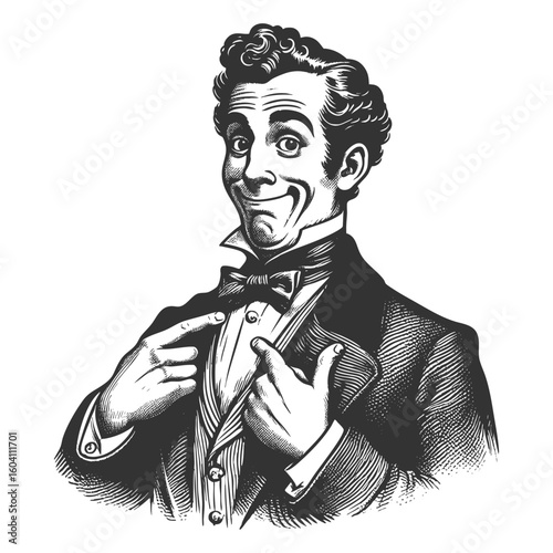 confident Victorian-era man in formal attire, smiling smugly proudly pointing at his bow tie sketch engraving fictional character vector illustration. Scratch board. Black and white.