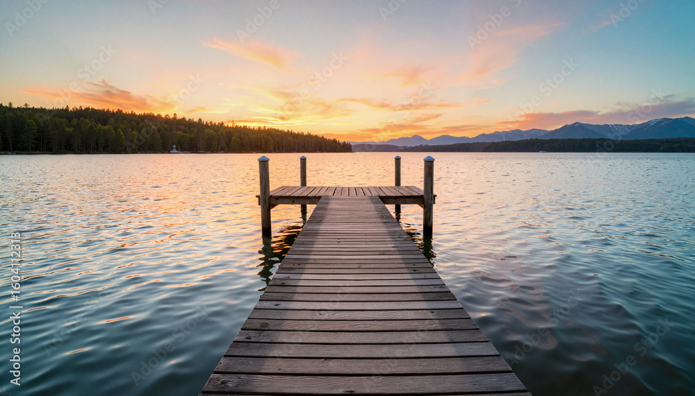 Obraz premium A wooden dock extends onto a calm lake at dawn, reflecting the vibrant gradient sky and distant mountain range, illustrating a peaceful nature scene for travel or relaxation.