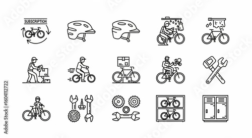 Bicycle Services Line Icon Set – Subscription, Helmet, Mechanic, Cleaning, Delivery, Customization, Spare Parts Vector

