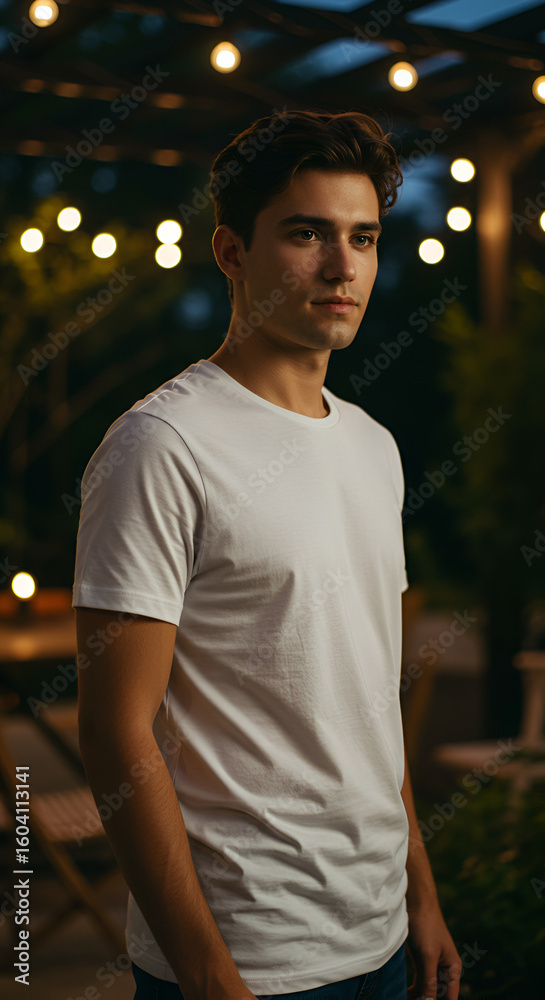 Fototapeta premium A young man in a white t-shirt outdoors at night