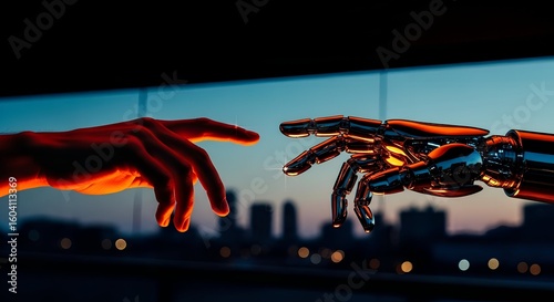 Futuristic AI concept depicting the creation moment between human and machine. A robotic and a human hand about to touch over a city.