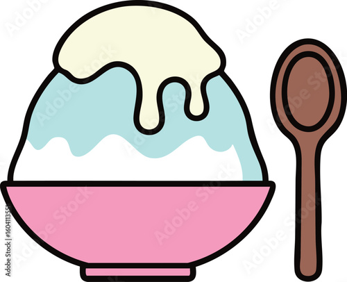 shaved ice dessert with spoon, pink bowl clip art preview