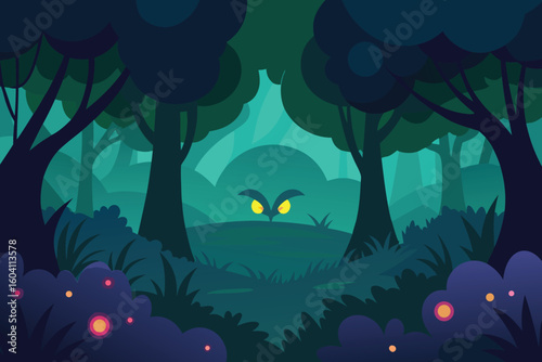 Mysterious Dark Forest Night Scene Cartoon Illustration
