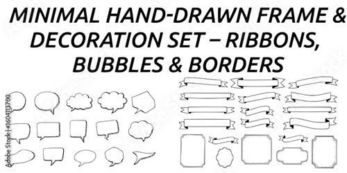 Minimal Hand-Drawn Speech Bubbles & Ribbon Frames – Black and White Outline Set