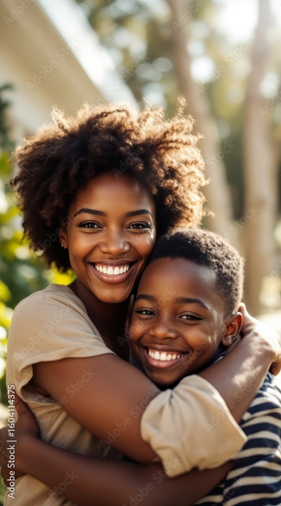 Fototapeta premium Joyful mother and son share a warm embrace outdoors.