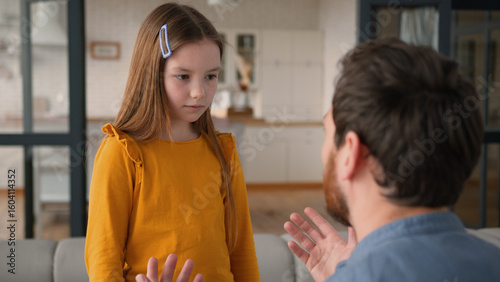 Photography Stressed annoyed Caucasian dad male father man shout at upset daughter in fault