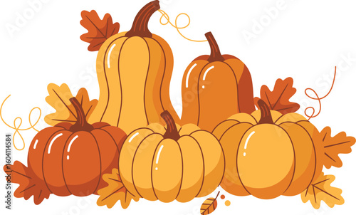 Illustration of pumpkins and leaves in autumn colors on white background