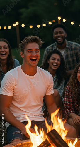 Group of friends laughing around a campfire at night